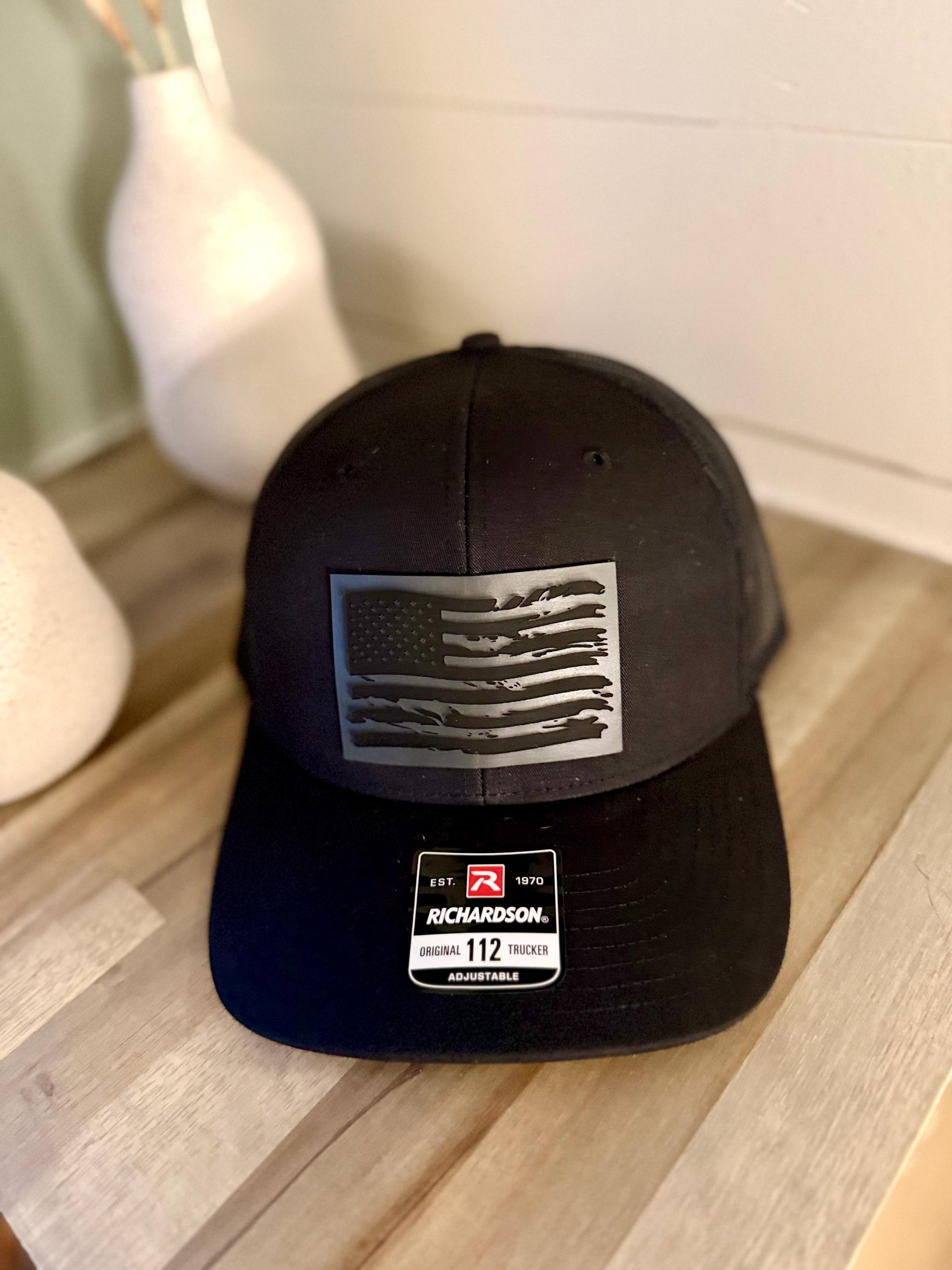 American Flag Hat, Richardson 112 Hat, Leather Patch Hat, Flag, 4th of July, Father's Day, Memorial Day, America, Veteran, Red, White, Blue