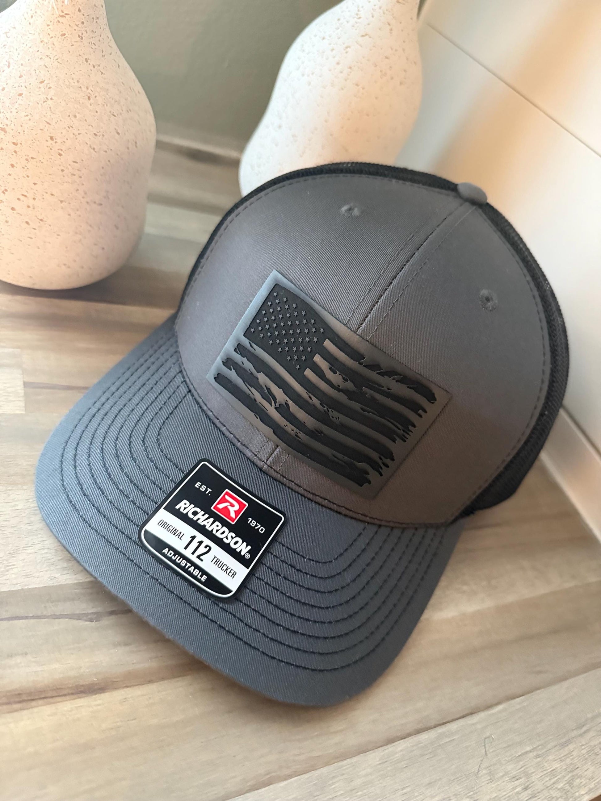 American Flag Hat, Richardson 112 Hat, Leather Patch Hat, Flag, 4th of July, Father's Day, Memorial Day, America, Veteran, Red, White, Blue