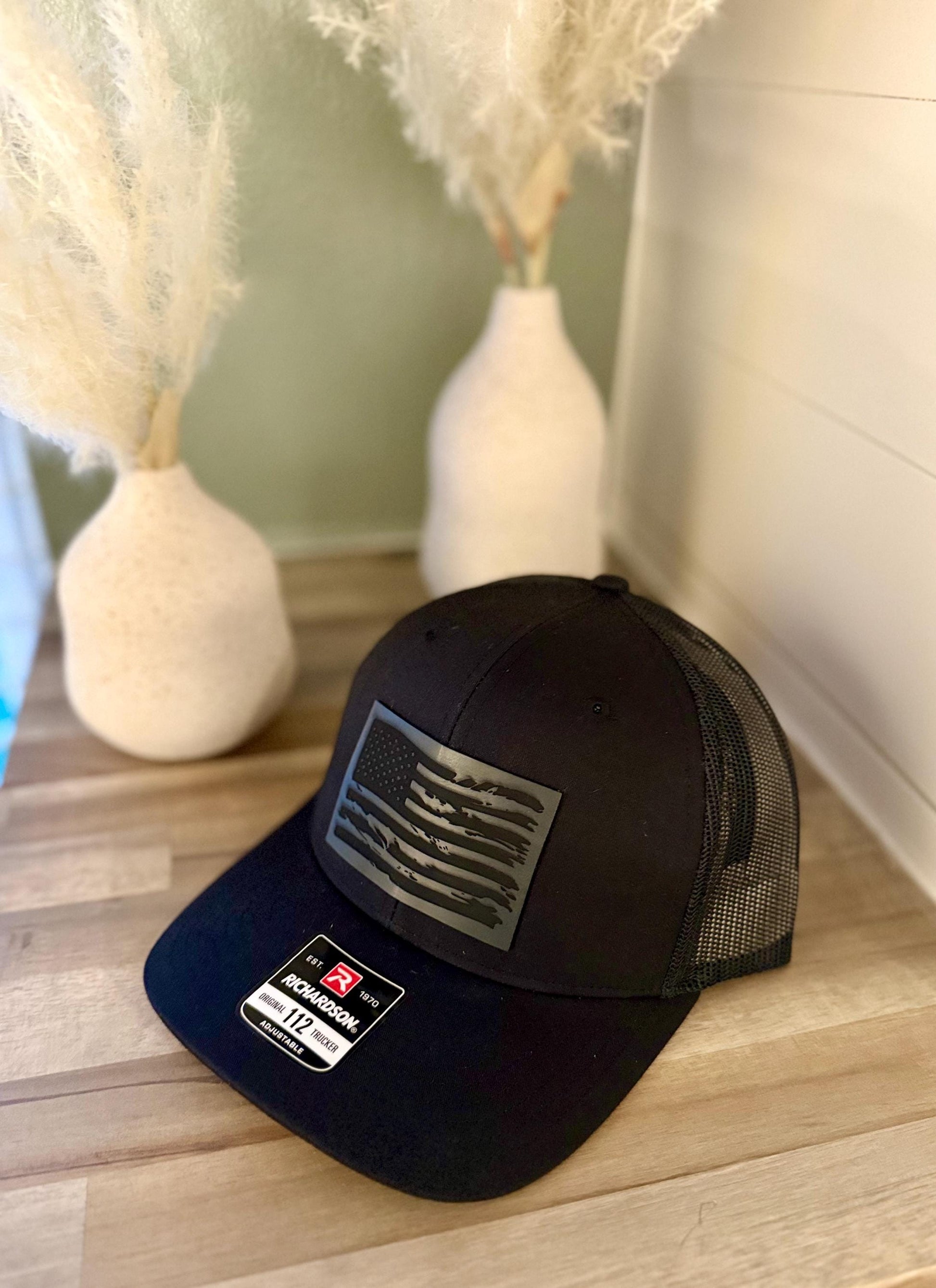 American Flag Hat, Richardson 112 Hat, Leather Patch Hat, Flag, 4th of July, Father's Day, Memorial Day, America, Veteran, Red, White, Blue