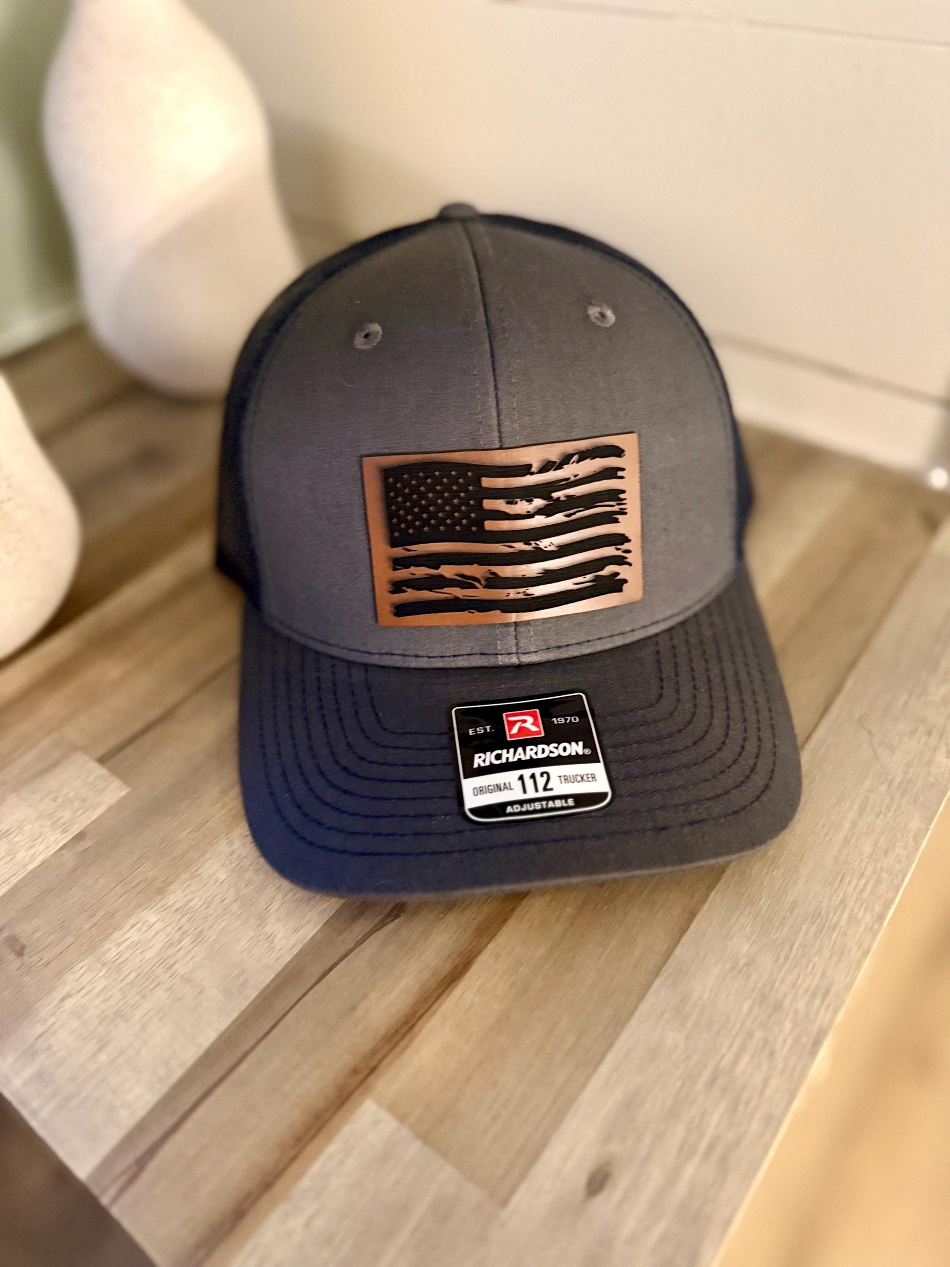 American Flag Hat, Richardson 112 Hat, Leather Patch Hat, Flag, 4th of July, Father's Day, Memorial Day, America, Veteran, Red, White, Blue