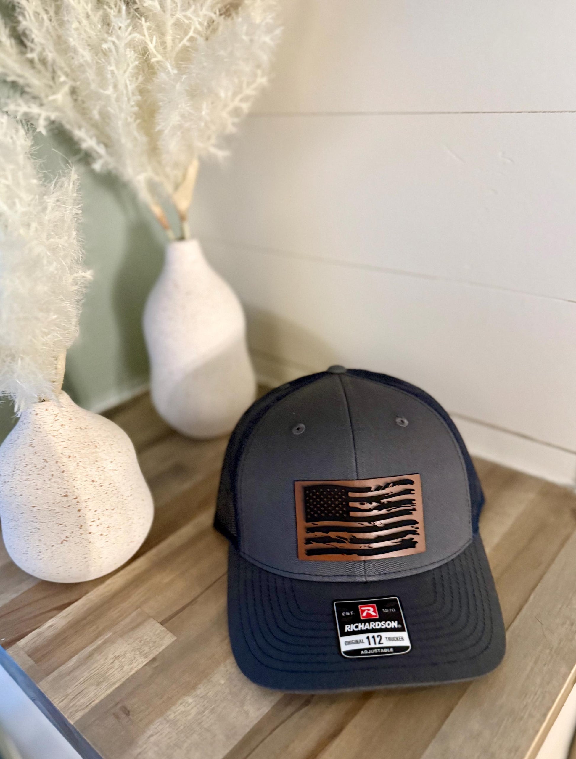 American Flag Hat, Richardson 112 Hat, Leather Patch Hat, Flag, 4th of July, Father's Day, Memorial Day, America, Veteran, Red, White, Blue