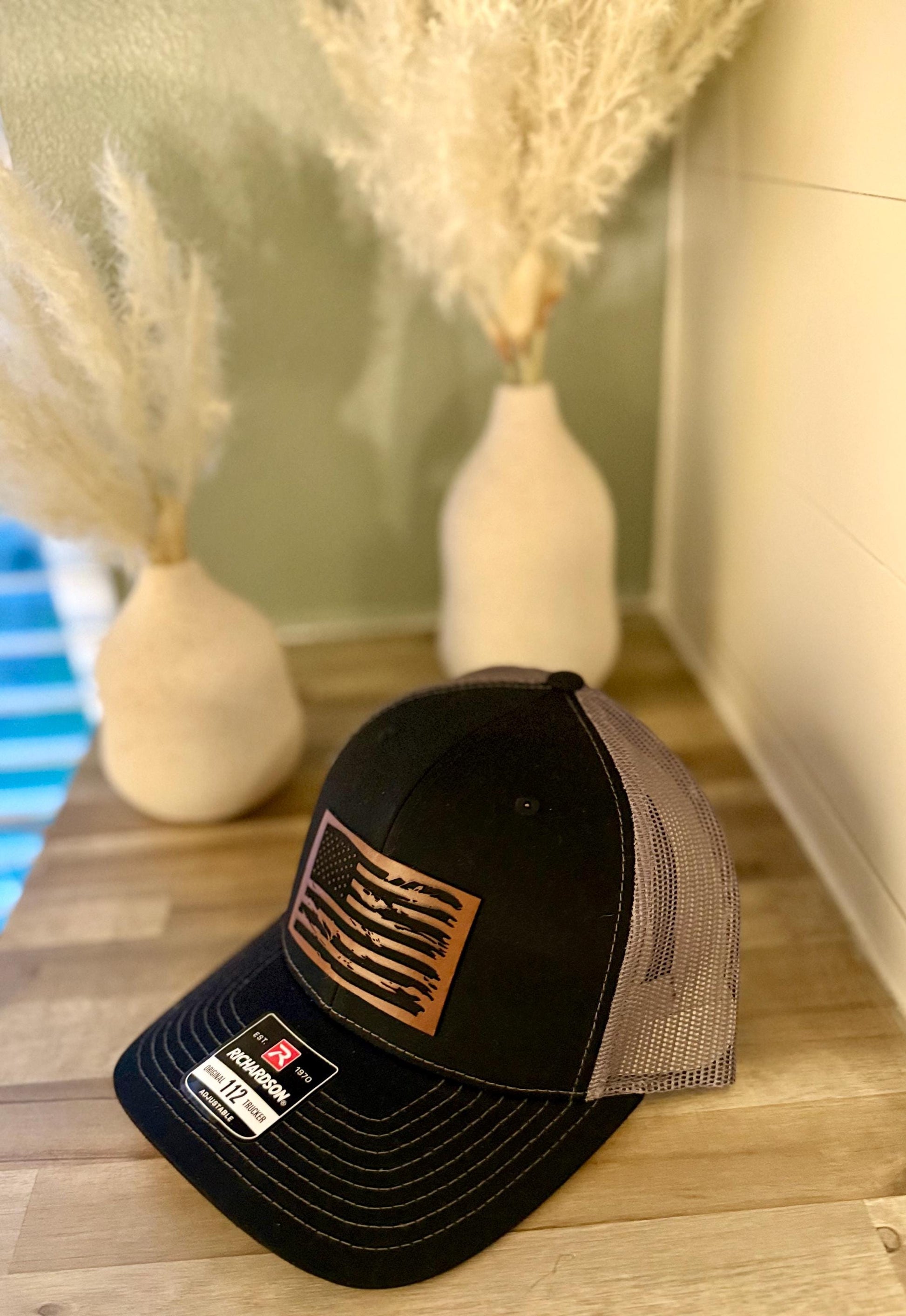 American Flag Hat, Richardson 112 Hat, Leather Patch Hat, Flag, 4th of July, Father's Day, Memorial Day, America, Veteran, Red, White, Blue