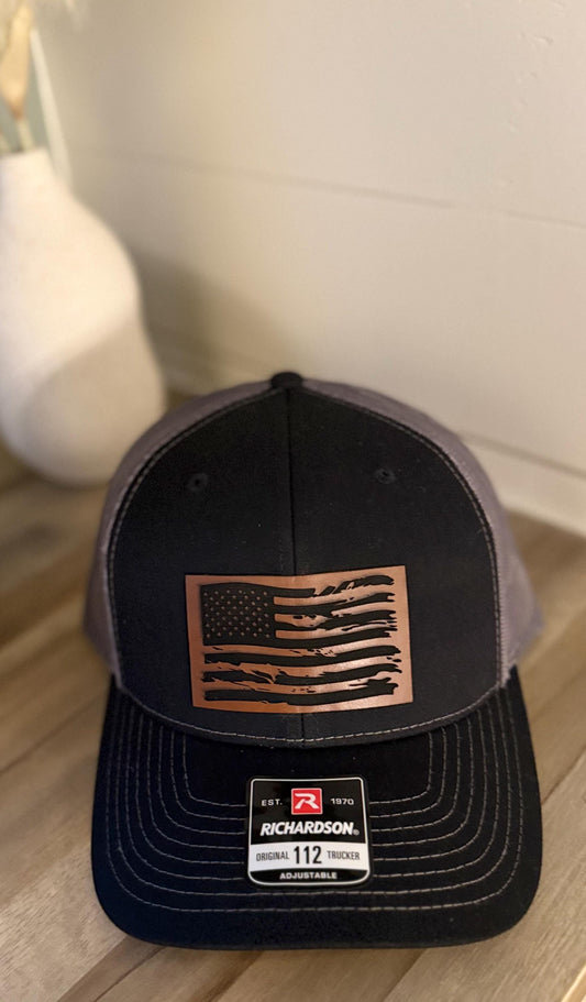 American Flag Hat, Richardson 112 Hat, Leather Patch Hat, Flag, 4th of July, Father's Day, Memorial Day, America, Veteran, Red, White, Blue